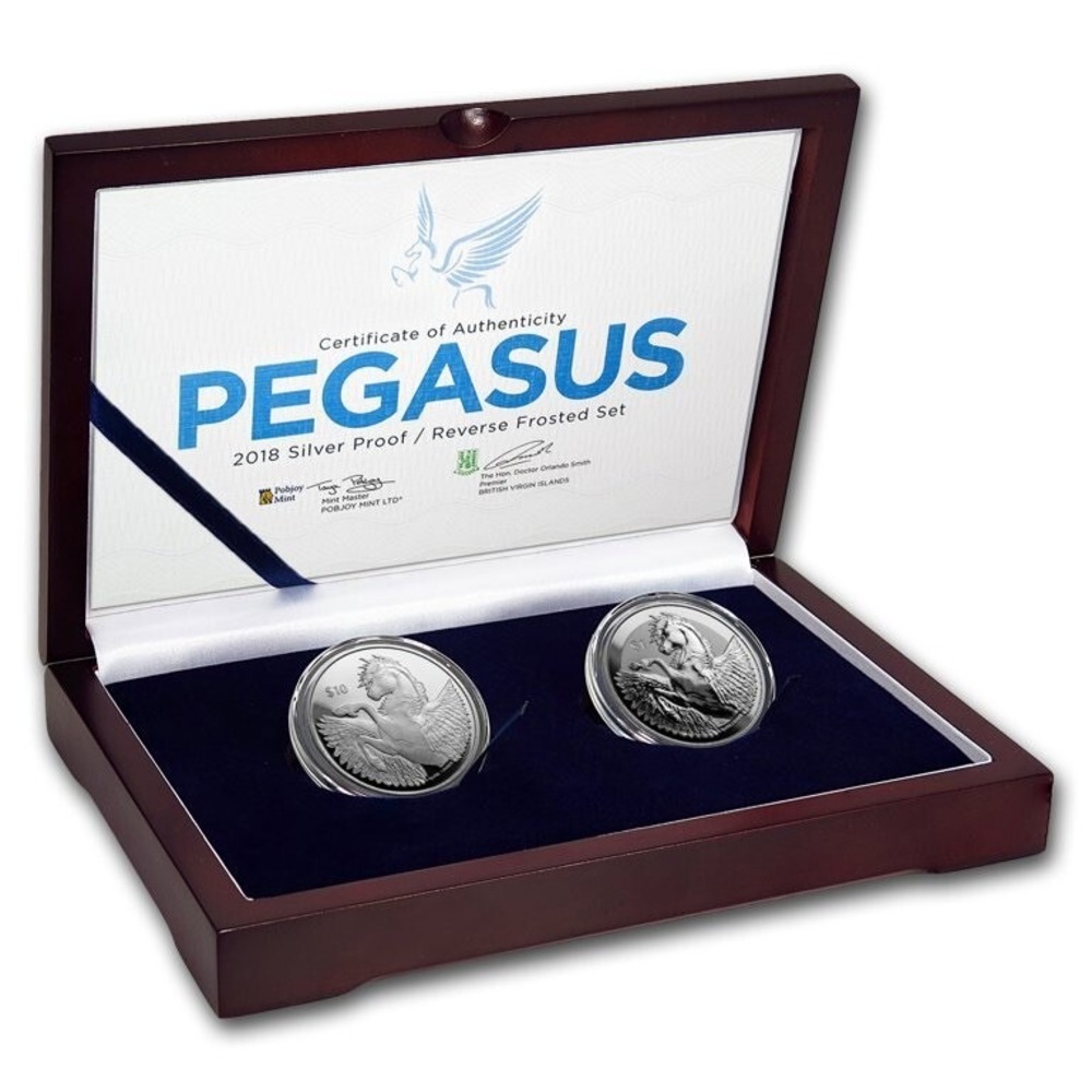2018 BVI 2-Coin Silver Pegasus Proof/Reverse Frosted Set. Limited Mintage Of 300